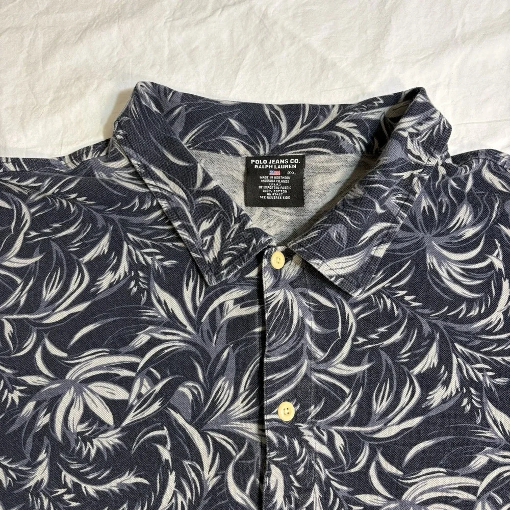VTG Polo Jeans‎ Co Ralph Lauren Mens 2XL Navy Blue Palm Leaf Cotton Knit Shirt